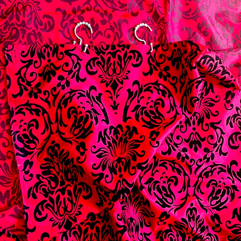 Red and black shower curtain .. clean and ready for a new home